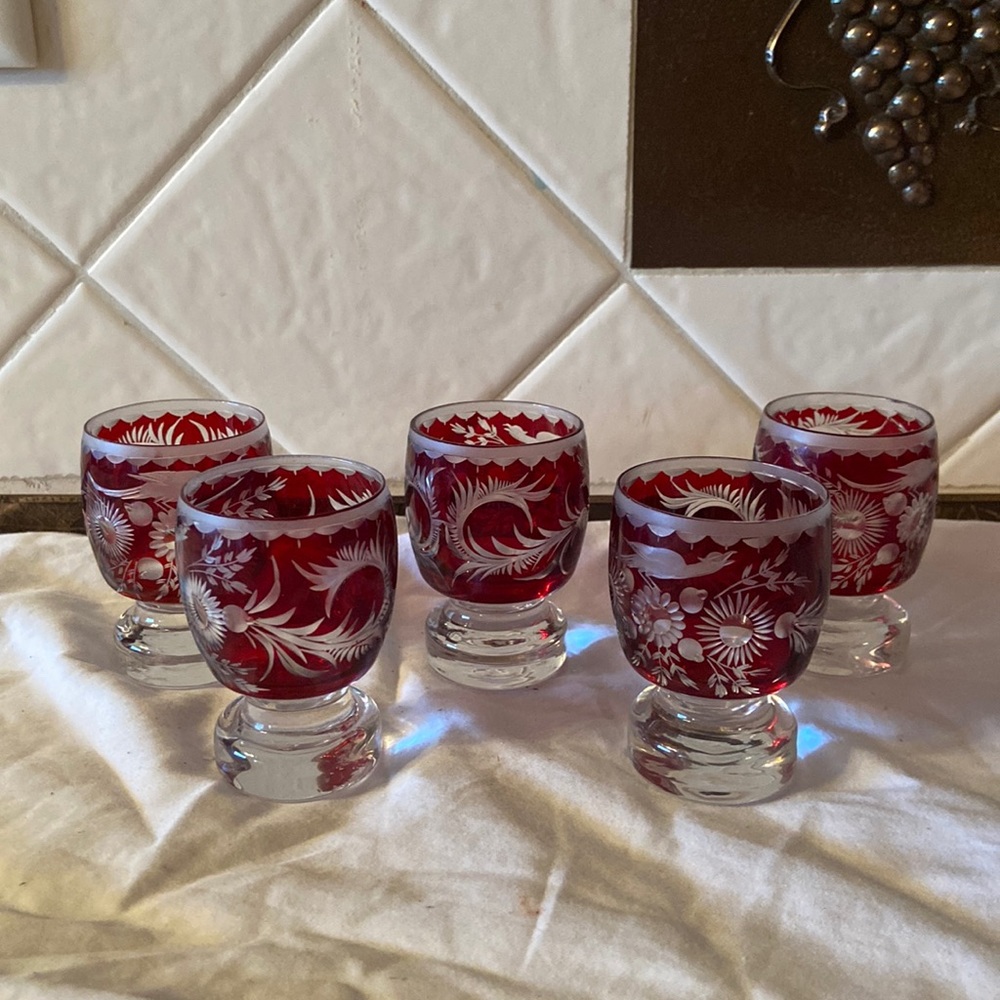 RARE Vintage bohemian ruby red crystal cut shot cordial glasses.